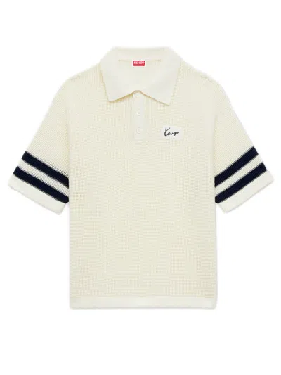 Kenzo Polo Shirt In Cotton Mesh Stripes In White