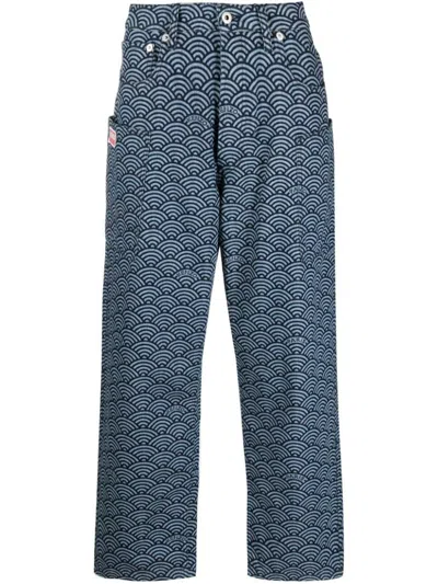 KENZO MEN'S MONKEY WORKWEAR JEANS WITH SEIGAIHA PRINT
