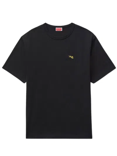 Kenzo Men's Round Neck Short-sleeve T-shirt With Embroidered Tiger Motif In Nero