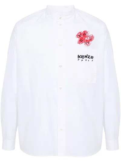 KENZO MEN'S VARSITY STYLE COTTON POPLIN SHIRT IN WHITE