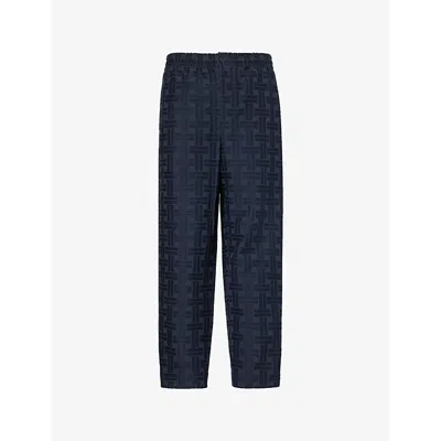 Kenzo Mens Blue Black Logo-weave Barrel-leg Cotton Jogging Bottoms