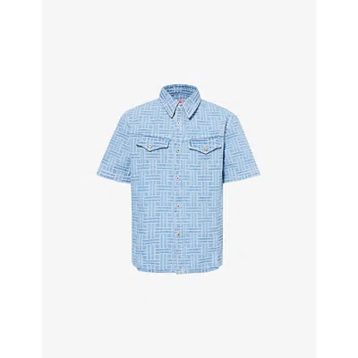 Kenzo Mens  Regular-fit Weave-pattern Denim Shirt In Bleached Blue Denim