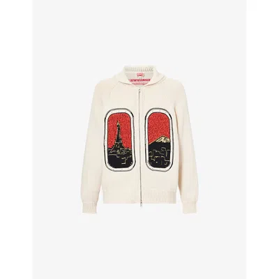 Kenzo Mens Off White City Hooded Wool-blend Cardigan In Multi