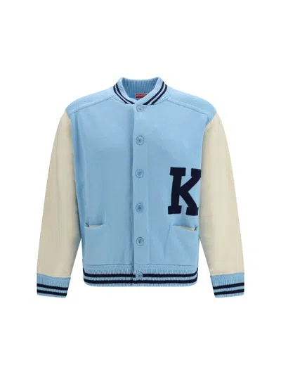 Kenzo Merino Wool Varsity Cardigan In Blue