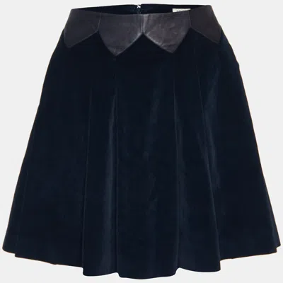 Pre-owned Kenzo Midnight Blue Checked Velvet Leather Trim Flared Skirt M In Navy Blue