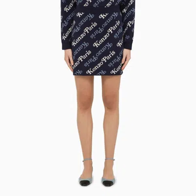KENZO MIDNIGHT BLUE COTTON AND WOOL MINI SKIRT WITH ELASTIC WAISTBAND AND LOGO PRINT