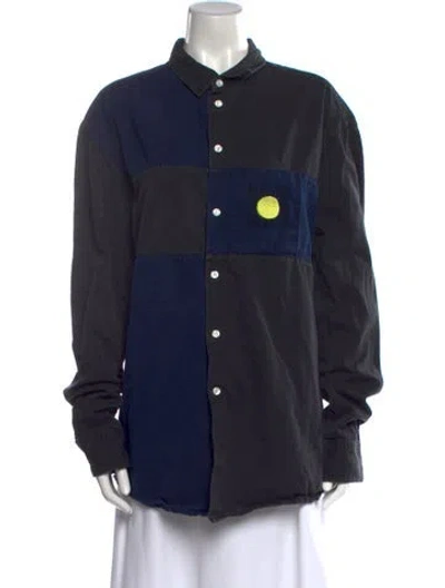 Pre-owned Kenzo Mock Neck Long Sleeve Button-up Top In Blue