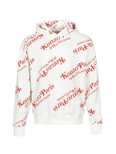Kenzo Monogram-pattern Hoodie For Men In White And Cardinal Red