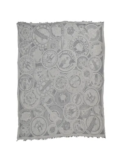 Pre-owned Kenzo Monogram Raw-hem Scarf In Blue