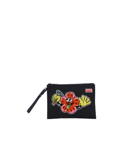 Kenzo Motif-embroidered Zipped Clutch Bag In Black