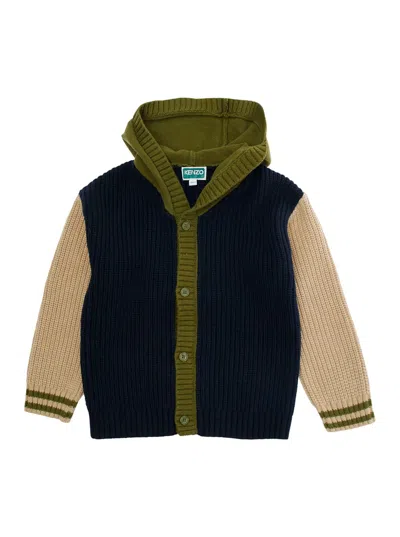 KENZO MULTICOLOR RIBBED CARDIGAN WITH MAXI LOGO ON THE BACK IN COTTON AND WOOL BLEND BOY