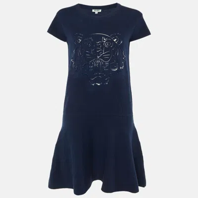 Pre-owned Kenzo Navy Blue Cotton Knit Tiger Head Applique Short Dress S