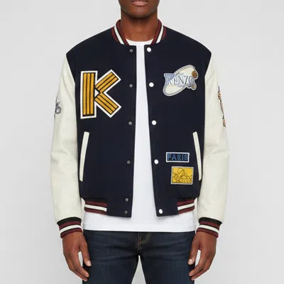 Pre-owned Kenzo Navy Blue Logo Patch Wool And Leather Varsity Bomber Jacket S