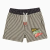 Kenzo Navy Blue Striped Cotton Shorts With Logo Patch In Blue