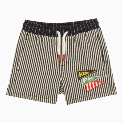 KENZO NAVY BLUE STRIPED COTTON SHORTS WITH LOGO PATCH