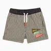 Kenzo Navy Blue Striped Cotton Shorts With Logo Patch In Blue