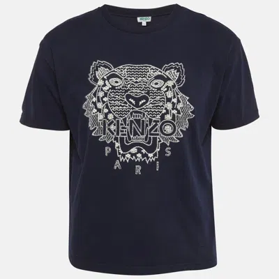 Pre-owned Kenzo Navy Blue Tiger Logo Embroidered Jersey T-shirt L