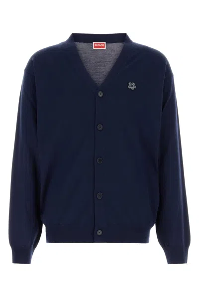 Kenzo Wool Cardigan V Neck Ribbed Cuffs Hem In Blue