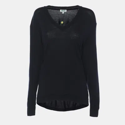 Pre-owned Kenzo Navy Blue Wool Knit V Neck Pullover Sweater S