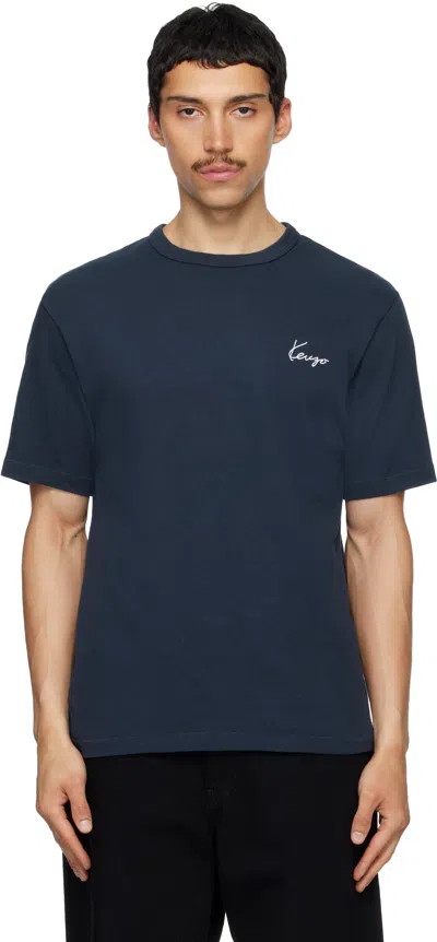 Kenzo Navy  Paris ' Archive Rose' Embroidered T-shirt In Blue