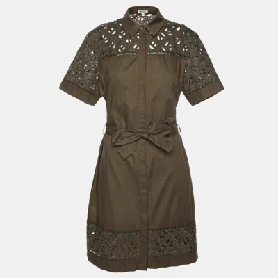 Pre-owned Kenzo Olive Green Cotton Poplin Lace Detailed Short Sleeve Dress M