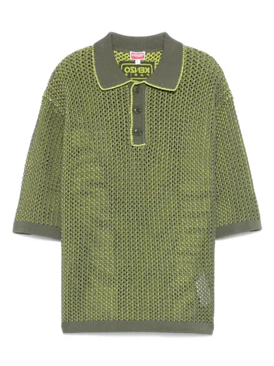 Kenzo Open-knit Polo Shirt In Green
