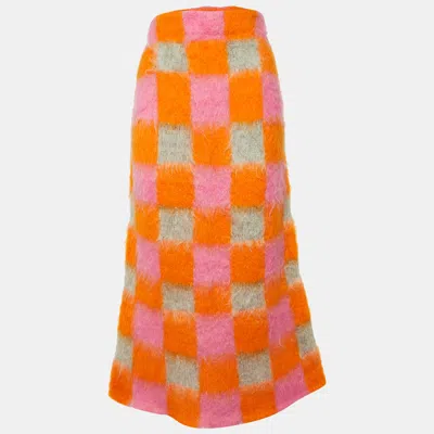 Pre-owned Kenzo Orange Colorblock Mohair Wool Knit Midi Skirt S