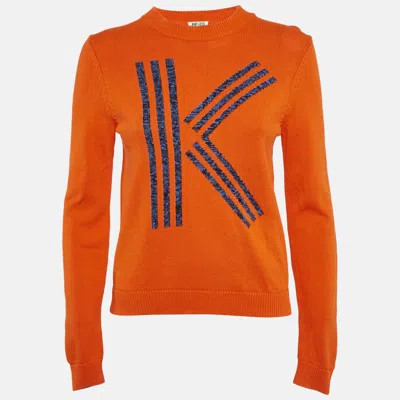 Pre-owned Kenzo Orange Cotton Logo Motif Detail Jumper M
