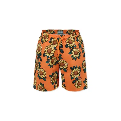 Kenzo Kids' Orange Swim Shorts For Boy With Sunflower Print And Black Logo