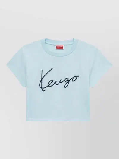 Kenzo Organic Cropped Signature Cotton Jersey T Shirt In Blue