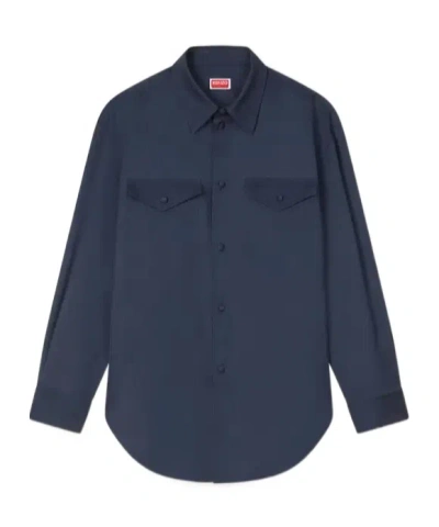 Kenzo Overshirt In Virgin Wool In Blue