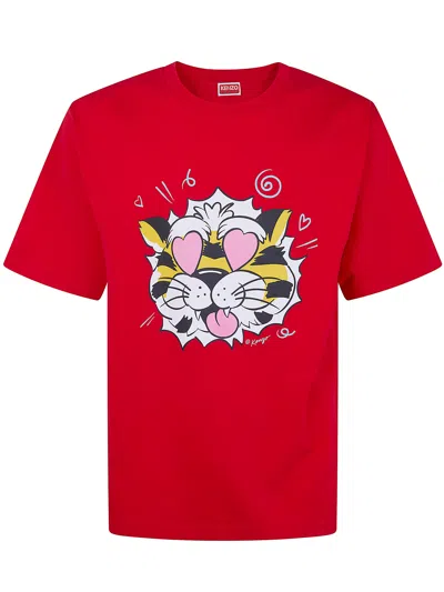 Kenzo Oversized Cotton T-shirt ' Wild Tiger' In Red