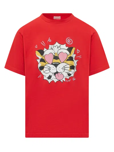 Kenzo Oversized Stampaint Tigre T-shirt In Cherry