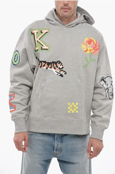 Kenzo Overszied  Pixel Sweatshirt With Multicolored Embroider In Gray