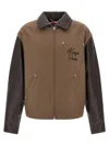 Kenzo Leather-sleeved Embroidered Jacket Coats Beige In Brown