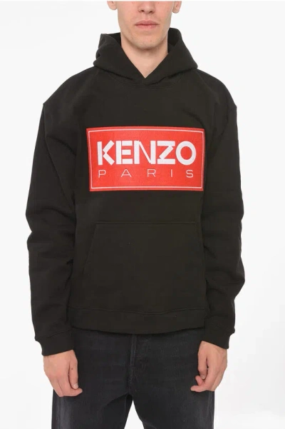 Kenzo Paris Cotton Hoodie With Velcro Patch In Black