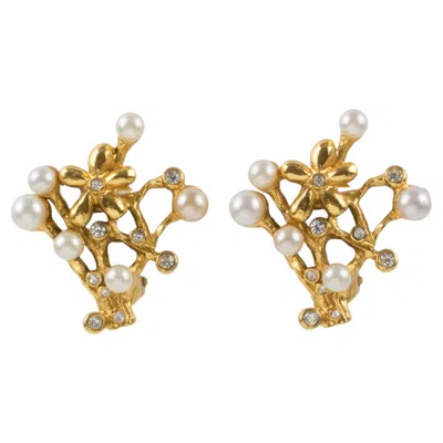 Pre-owned Kenzo Paris Gilded Metal Jeweled Clip Earrings With Floral Pearls In Multi