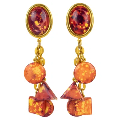 Pre-owned Kenzo Paris Orange And Red Resin Dangle Clip Earrings
