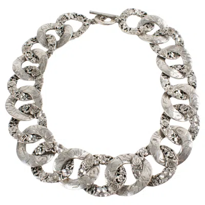 Pre-owned Kenzo Paris Silver Plate Floral Large Chain Choker Necklace In Multi