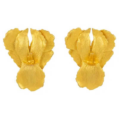 Pre-owned Kenzo Paris Textured Gilded Metal Iris Flower Clip Earrings In Multi