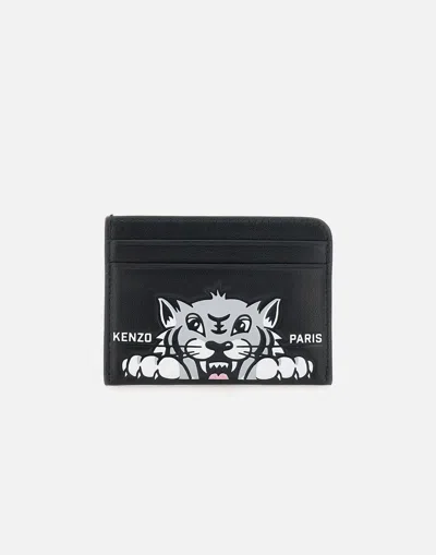 Kenzo Paris Varsity Leather Card Case In Black