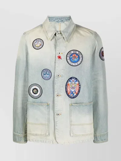 Kenzo Patch Detail Denim Blazer With Front Pockets In Medium Stone Blue Denim