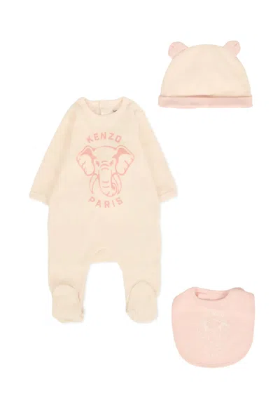Kenzo Pink Babygrow Set For Baby Girl With Elephant In Neutral