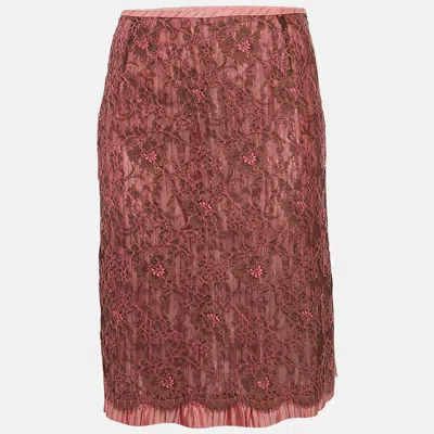 Pre-owned Kenzo Pink Floral Lace And Nylon Ruffled Short Skirt M