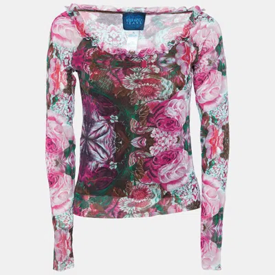 Pre-owned Kenzo Pink Floral Print Knit Ruffled Neck Top Xl