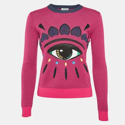 Pre-owned Kenzo Pink Logo Eye Embroidered Wool Knit Crew Neck Sweater Xs