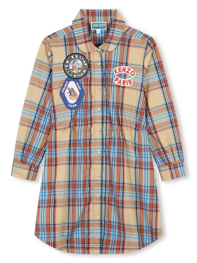Kenzo Kids' Plaid-check Cotton Shirtdress In Neutrals