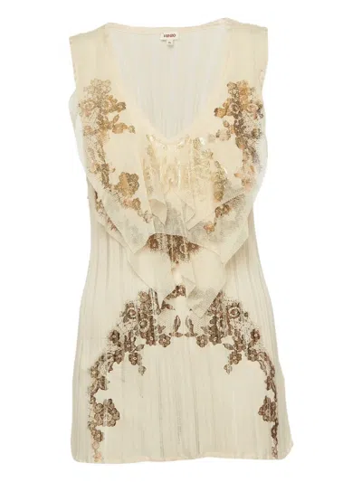 Pre-owned Kenzo Pleated Floral Top In Neutral