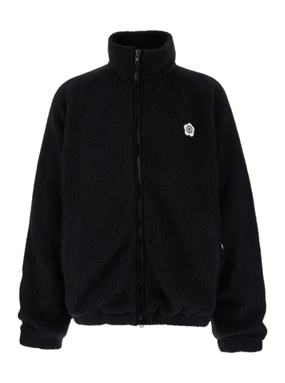 Kenzo Black High Neck Jacket With Logo Patch In Fleece Man