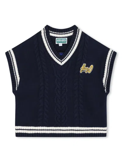 Kenzo Kids' Poppy Intarsia Logo Patch Vest In Blue